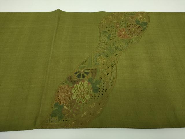 平和屋着物●中国三大刺繍 スワトウ相良刺繍 汕頭相良刺繍 総刺繍 太鼓柄袋帯 紬地 片輪車花文 正絹 逸品 未使用 DABI6765ps
