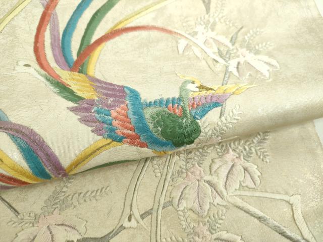 平和屋着物▼太鼓柄袋帯 総刺繍 鳳凰花文 金銀糸 正絹 逸品 DABI6769ps