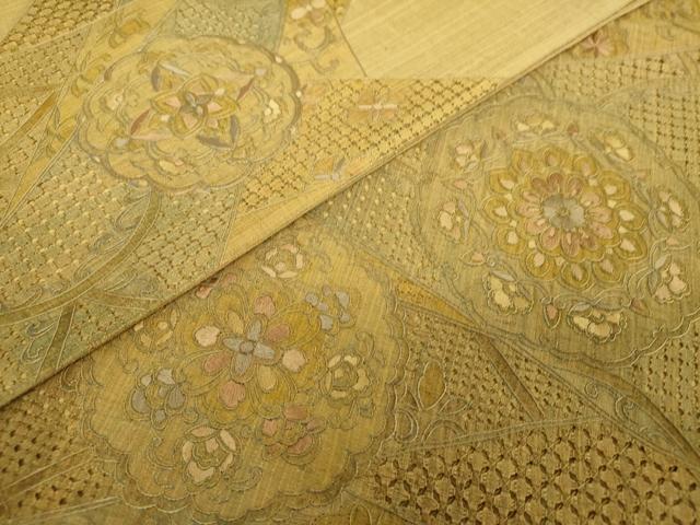 平和屋着物●極上 中国三大刺繍 スワトウ刺繍 汕頭刺繍 総刺繍 袋帯 紬地 正倉院花文 金通し地 正絹 逸品 DABI6784ps