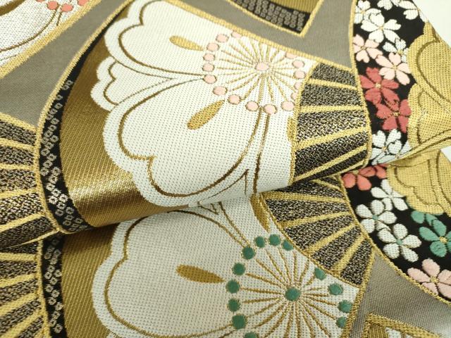 平和屋着物▼両面 六通柄袋帯 扇面桜 金銀糸 正絹 逸品 DABI6813ps