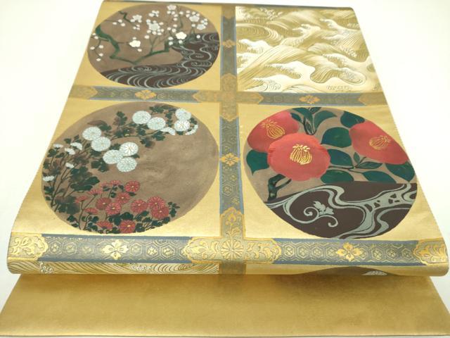 平和屋着物▼太鼓柄袋帯 刺繍 手描き 立波花丸文 金彩 引箔 正絹 逸品 DABI6818ps