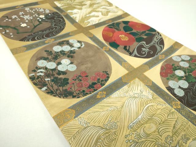 平和屋着物▼太鼓柄袋帯 刺繍 手描き 立波花丸文 金彩 引箔 正絹 逸品 DABI6818ps