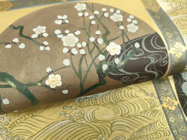 平和屋着物▼太鼓柄袋帯 刺繍 手描き 立波花丸文 金彩 引箔 正絹 逸品 DABI6818ps