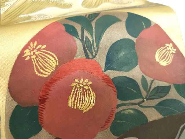 平和屋着物▼太鼓柄袋帯 刺繍 手描き 立波花丸文 金彩 引箔 正絹 逸品 DABI6818ps