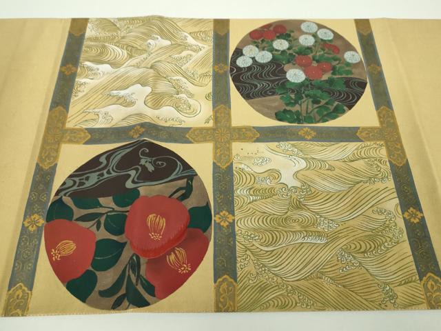 平和屋着物▼太鼓柄袋帯 刺繍 手描き 立波花丸文 金彩 引箔 正絹 逸品 DABI6818ps