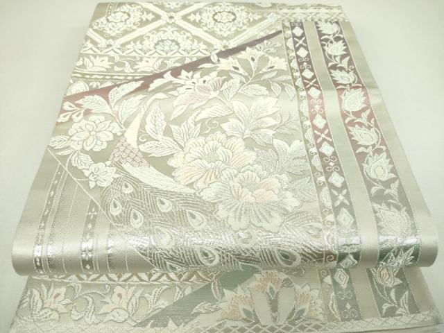 平和屋着物▼六通柄袋帯 唐織 煌きのオパール 孔雀花文 銀糸 正絹 逸品 未使用 DABI6820ps