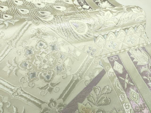 平和屋着物▼六通柄袋帯 唐織 煌きのオパール 孔雀花文 銀糸 正絹 逸品 未使用 DABI6820ps