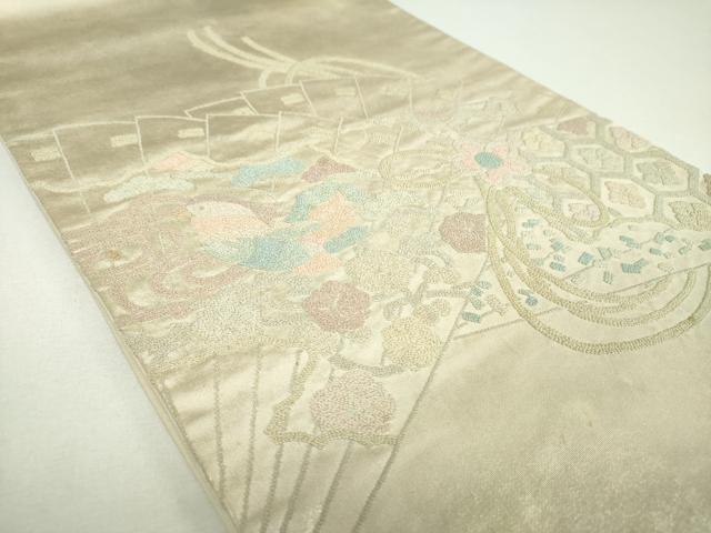 平和屋着物▼中国三大刺繍 総相良刺繍 総刺繍 太鼓柄袋帯 檜扇鴛鴦花文 引箔 正絹 逸品 DABI6830ps