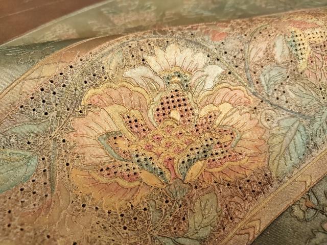 平和屋着物▼中国三大刺繍 スワトウ刺繍 汕頭刺繍 総刺繍 太鼓柄袋帯 更紗花文 金彩 引箔 正絹 逸品 DABI6836ps