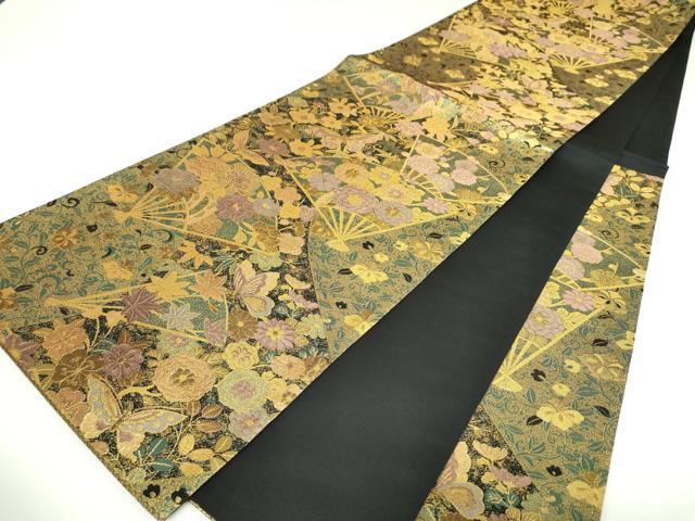 平和屋着物▼六通柄袋帯 古代彫金紋 扇面舞蝶花文 正絹 逸品 DABI6887ps