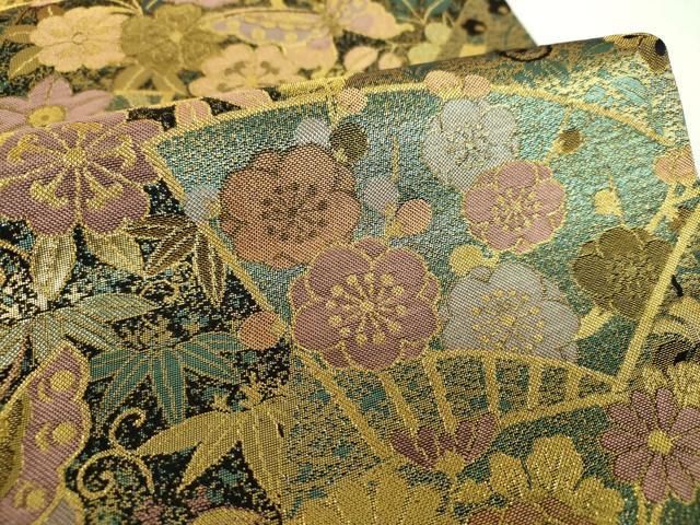 平和屋着物▼六通柄袋帯 古代彫金紋 扇面舞蝶花文 正絹 逸品 DABI6887ps