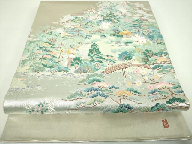 平和屋着物●西陣 長嶋成織物 ながしま帯 本加賀友禅作家 浅野冨治男監修 太鼓柄袋帯 唐織 後楽園 引箔 瀞銀錦 正絹 逸品 DABI6892ps