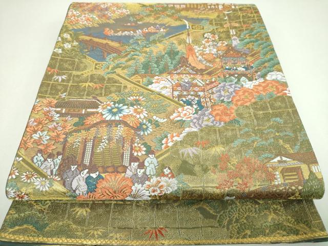 平和屋着物▼全通柄袋帯 唐織 風景人物花文 金糸 正絹 逸品 DABI6903ps