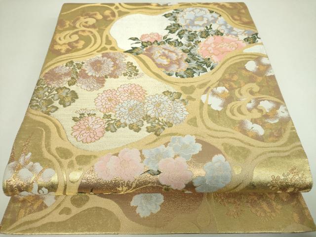 平和屋着物▼六通柄袋帯 流水花文 金銀糸 引箔 正絹 逸品 DABI6926ps