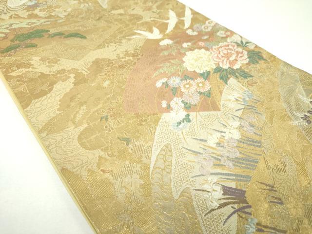 平和屋着物▼六通柄袋帯 唐織 地紙飛鶴花文 金糸 やまと誂製 正絹 逸品 DABI6951ps