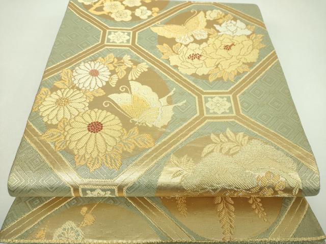 平和屋着物▼佐賀錦 六通柄袋帯 蜀江舞蝶花文 金糸 正絹 逸品 DABI6966ps