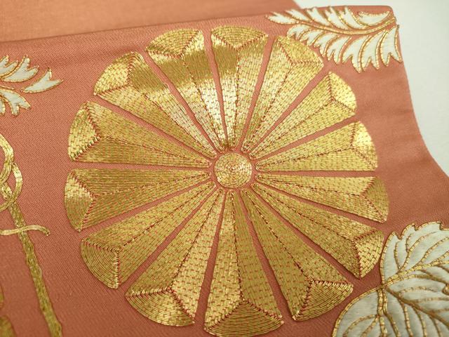平和屋着物▼太鼓柄袋帯 駒刺繍 総刺繍 菊唐草 金糸 正絹 逸品 DABI6971ps