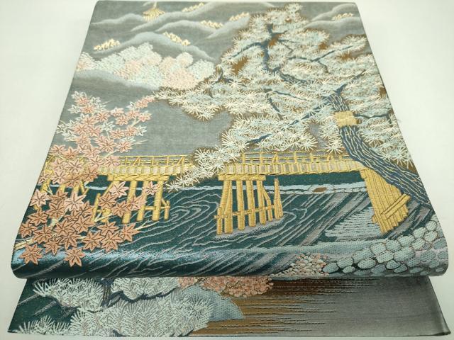 平和屋着物▼六通柄袋帯 京洛図 嵐山 金銀糸 引箔 正絹 逸品 DABI6973ps
