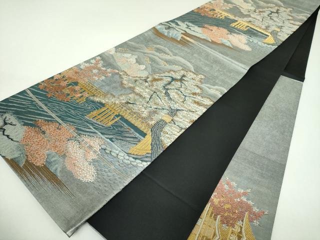 平和屋着物▼六通柄袋帯 京洛図 嵐山 金銀糸 引箔 正絹 逸品 DABI6973ps