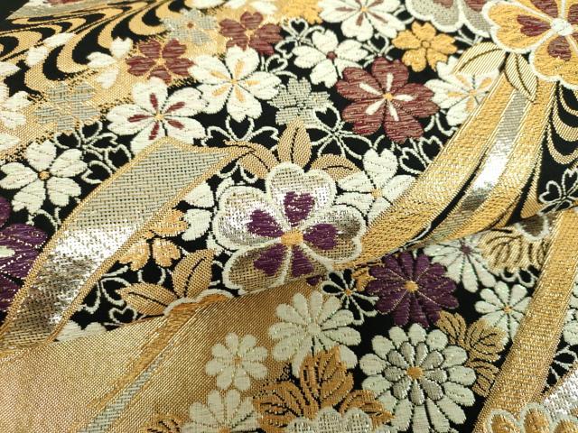 平和屋着物▼六通柄袋帯 舞桜 黒地 金銀糸 正絹 逸品 DABI6976ps