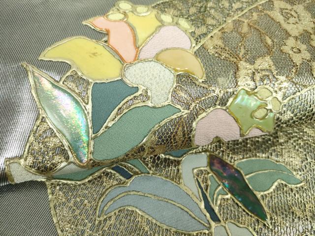平和屋着物▼太鼓柄袋帯 螺鈿 刺繍 草花文 金銀彩 引箔 正絹 逸品 DABI6979ps