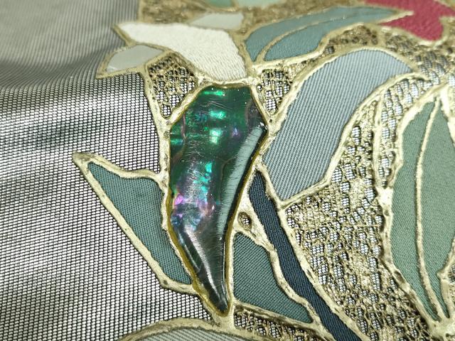 平和屋着物▼太鼓柄袋帯 螺鈿 刺繍 草花文 金銀彩 引箔 正絹 逸品 DABI6979ps