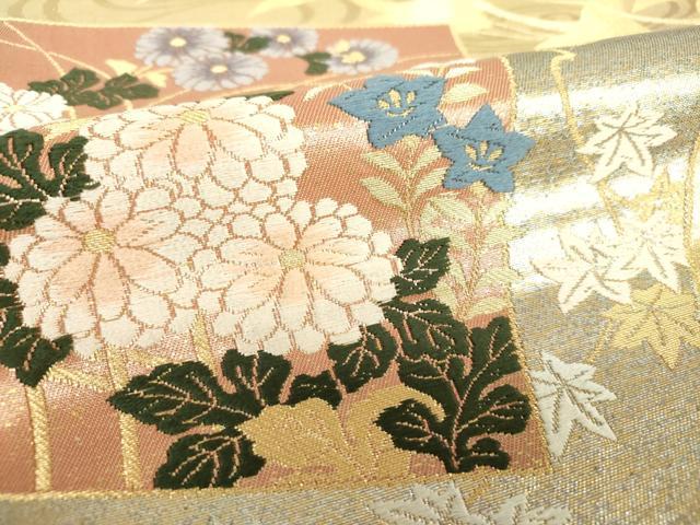 平和屋着物▼六通柄袋帯 唐織 色紙重ね飛鶴花文 金銀糸 正絹 逸品 DABI6991ps