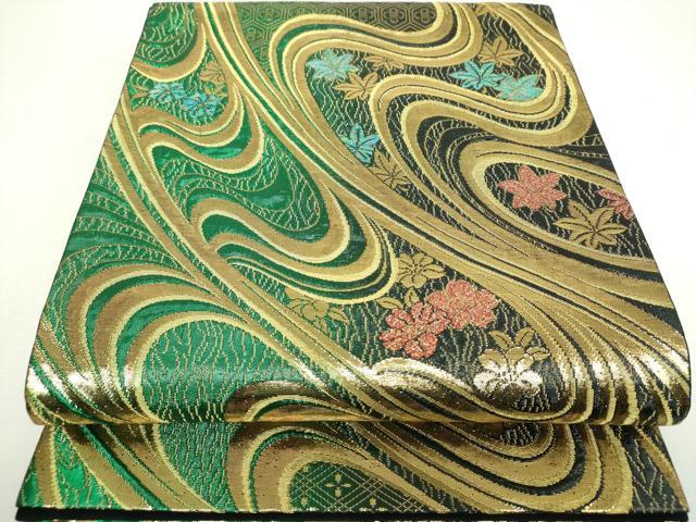 平和屋着物▼六通柄袋帯 竜田川花文 金糸 正絹 逸品 DABI6992ps