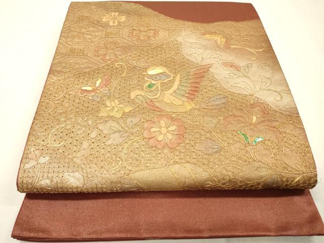 平和屋着物▼中国三大刺繍 スワトウ刺繍 汕頭刺繍 太鼓柄袋帯 螺鈿 花鳥舞蝶文 金銀彩 正絹 逸品 DABI7005fe