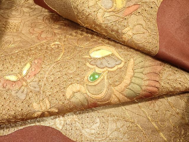 平和屋着物▼中国三大刺繍 スワトウ刺繍 汕頭刺繍 太鼓柄袋帯 螺鈿 花鳥舞蝶文 金銀彩 正絹 逸品 DABI7005fe
