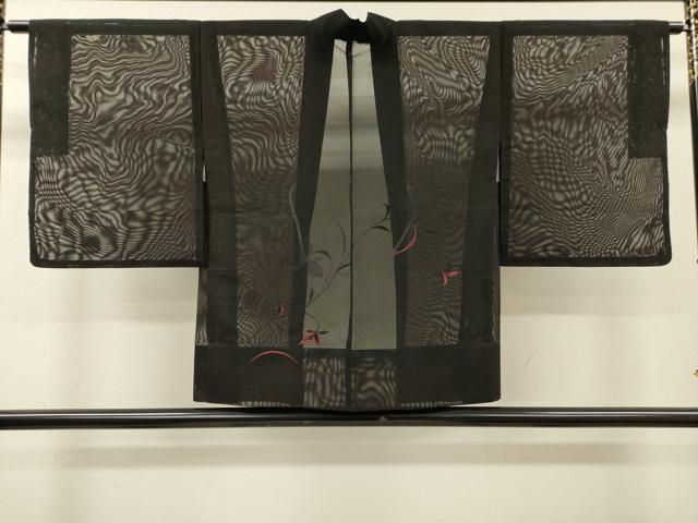 平和屋着物▽羽織 スリーシーズン 春夏秋 塵除け 刺繍 草花 黒地 正絹 逸品 未使用 DABI7012fe