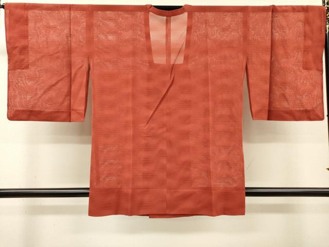 平和屋着物▽道行コート スリーシーズン 春夏秋 塵除け よろけ縞 赤丹色 正絹 逸品 DABI7025fe