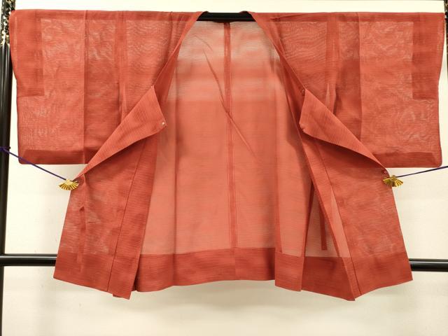 平和屋着物▽道行コート スリーシーズン 春夏秋 塵除け よろけ縞 赤丹色 正絹 逸品 DABI7025fe