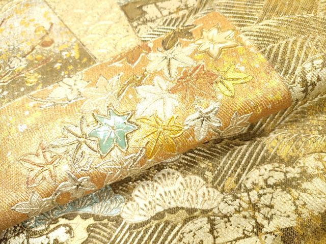 平和屋着物▼太鼓柄袋帯 螺鈿 地紙重ね花松文 金銀彩 引箔 正絹 逸品 DABI7113fe