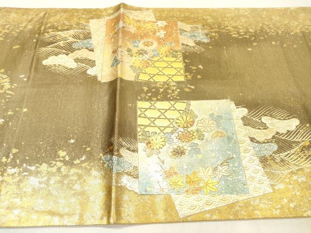 平和屋着物▼太鼓柄袋帯 螺鈿 地紙重ね花松文 金銀彩 引箔 正絹 逸品 DABI7113fe