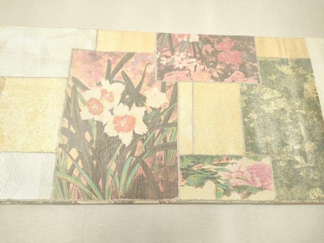 平和屋着物▼九寸名古屋帯 絵箔螺鈿織 色紙重ね花文 金銀彩 正絹 逸品 DABI7114fe
