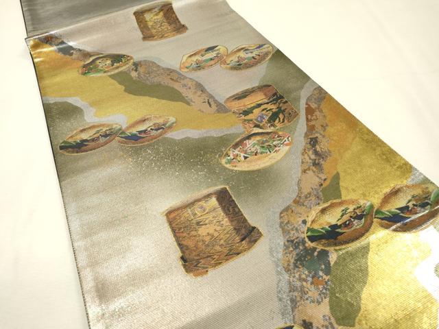 平和屋着物▼太鼓柄袋帯 螺鈿箔 道長貝合わせ文 金銀彩 引箔 正絹 逸品 未使用 DABI7166fe