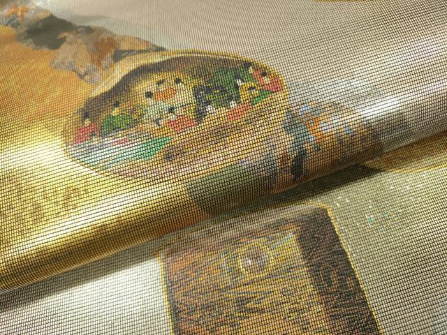 平和屋着物▼太鼓柄袋帯 螺鈿箔 道長貝合わせ文 金銀彩 引箔 正絹 逸品 未使用 DABI7166fe