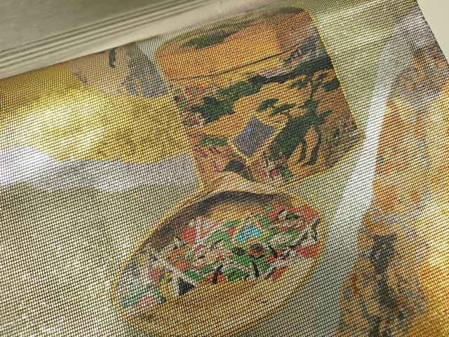 平和屋着物▼太鼓柄袋帯 螺鈿箔 道長貝合わせ文 金銀彩 引箔 正絹 逸品 未使用 DABI7166fe