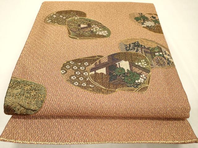 平和屋着物▼絽刺し 区限刺繍 総刺繍 太鼓柄袋帯 貝合わせ御所車花文 金糸 正絹 逸品 DABI7167fe
