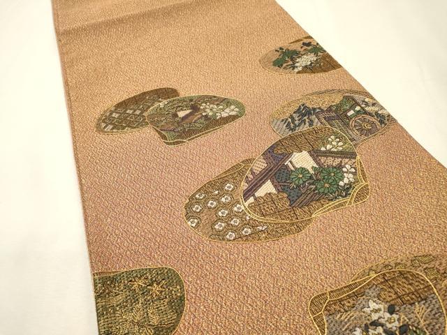 平和屋着物▼絽刺し 区限刺繍 総刺繍 太鼓柄袋帯 貝合わせ御所車花文 金糸 正絹 逸品 DABI7167fe