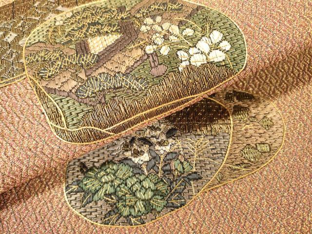 平和屋着物▼絽刺し 区限刺繍 総刺繍 太鼓柄袋帯 貝合わせ御所車花文 金糸 正絹 逸品 DABI7167fe