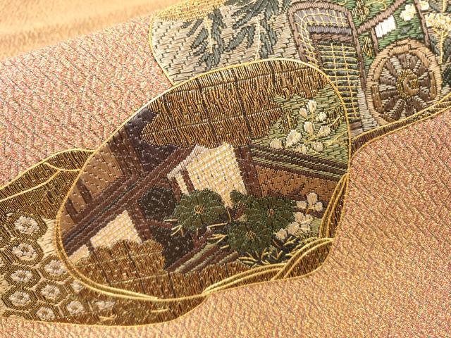 平和屋着物▼絽刺し 区限刺繍 総刺繍 太鼓柄袋帯 貝合わせ御所車花文 金糸 正絹 逸品 DABI7167fe