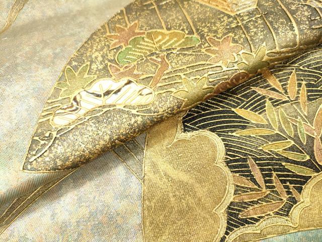 平和屋着物▼太鼓柄袋帯 螺鈿 地紙型輪車花松文 金彩 引箔 正絹 逸品 DABI7177fe