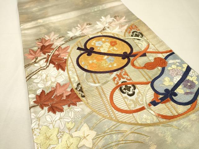 平和屋着物▼太鼓柄袋帯 駒刺繍 総刺繍 軍配 金糸 引箔 正絹 逸品 DABI7179fe
