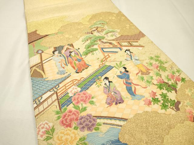 平和屋着物▼綴れ 太鼓柄袋帯 人物風景文 金糸 正絹 逸品 DABI7183fe