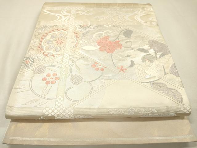 平和屋着物▼西陣 太鼓柄袋帯 総刺繍 正倉院花鳥文 銀糸 証紙付き 正絹 逸品 DABI7192fe