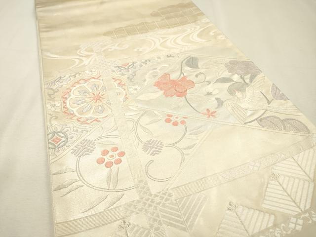 平和屋着物▼西陣 太鼓柄袋帯 総刺繍 正倉院花鳥文 銀糸 証紙付き 正絹 逸品 DABI7192fe