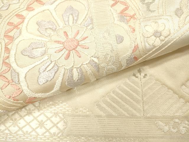 平和屋着物▼西陣 太鼓柄袋帯 総刺繍 正倉院花鳥文 銀糸 証紙付き 正絹 逸品 DABI7192fe