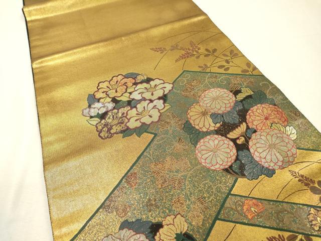 平和屋着物▼太鼓柄袋帯 螺鈿箔 作家物 花丸文 金彩 引箔 正絹 逸品 未使用 DABI7193fe
